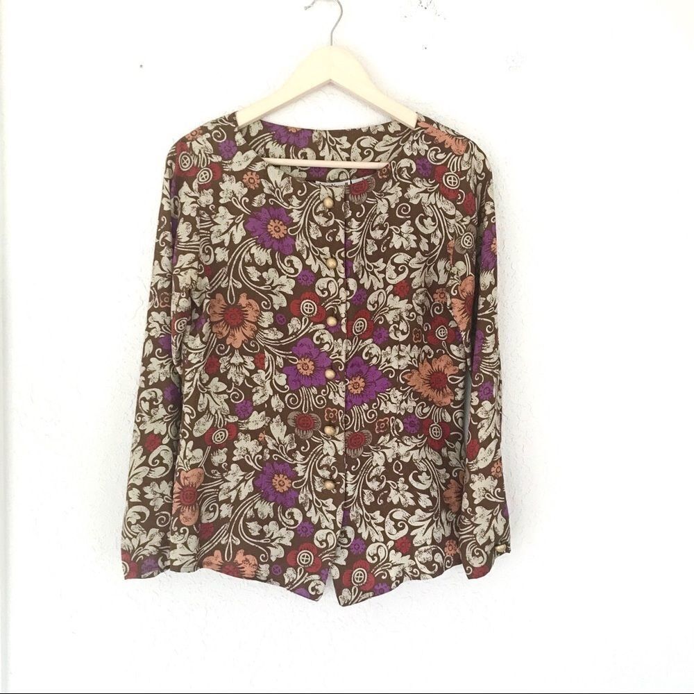 VINTAGE Floral Silk Top Blouse Long Sleeve Metal Button Front Retro Brown Size 4